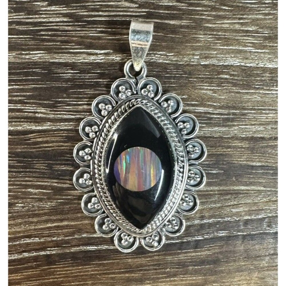 Native Southwest Style Sterling Silver Black Onyx & Aurora Opal Marquise Pendant